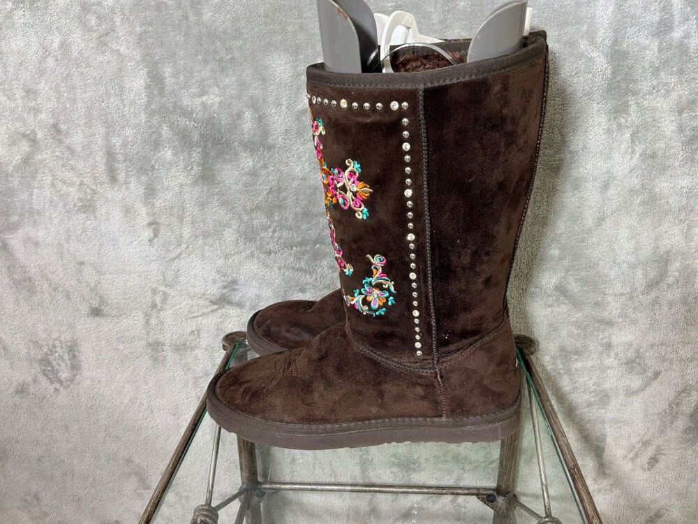 Montana West Brown Faux Suede embroidered Western Boho Women's Boots Sz 8